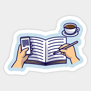 Hand Writing On Book With Coffee And Phone Cartoon Sticker